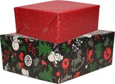 Pakket van 2x Rollen Kerst inpakpapier/cadeaupapier goud rood en zwart met print 2,5 x 0,7 meter - Kerst cadeautjes inpakken