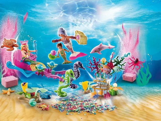 PLAYMOBIL Advent Calendar 70777 Mermaids bathing fun with many surprises, for example the colors of the mermaids change in warm water, including great bath products, 83 pieces, from 4 years