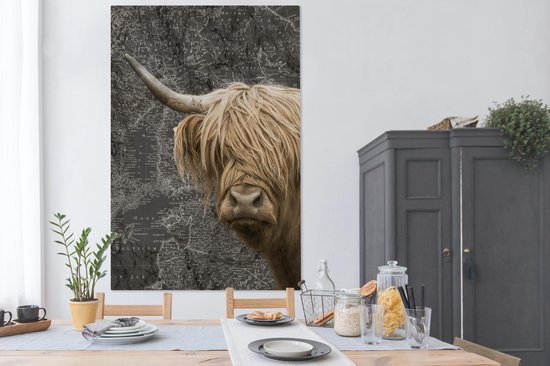 Décoration murale - Highlander écossais - Vaches - Carte du Wereldkaart - Peinture sur toile - 120x180 cm