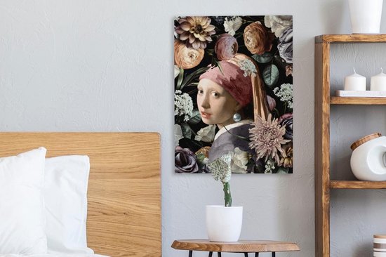 Toile de Oude Meesters - 30 x 40 - Peinture sur toile - Vermeer - Fleurs - Fille avec une boucle d'oreille en perle
