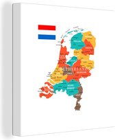 Canvas Schilderij Landkaart - Nederland - Nederlandse vlag - 90x90 cm - Wanddecoratie