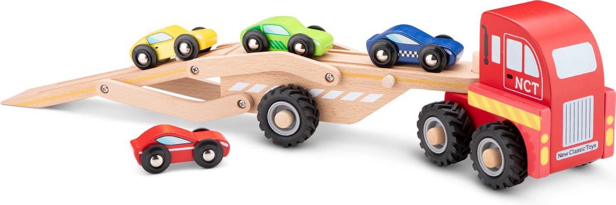 Woet® Houten Autotransporter - Vrachtwagen met Aanhanger en 4 Auto’s - Educatief Speelvoertuig - Rollenspel Speelgoed - Vanaf 18 Maanden — afbeelding 2
