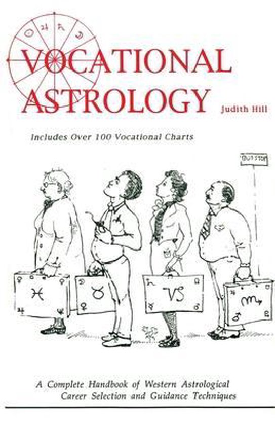 Boekomslag voor 'Vocational Astrology' met een tekening van vier personen die naar de hemel kijken, elk met een koffer met een astrologisch symbool.