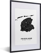 Fotolijst incl. Poster - Friesland - Kaart - Zwart - Wit - 40x60 cm - Posterlijst