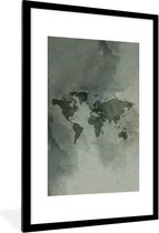 Fotolijst incl. Poster - Wereldkaart - Aquarelverf - Groen - Grijs - 60x90 cm - Posterlijst
