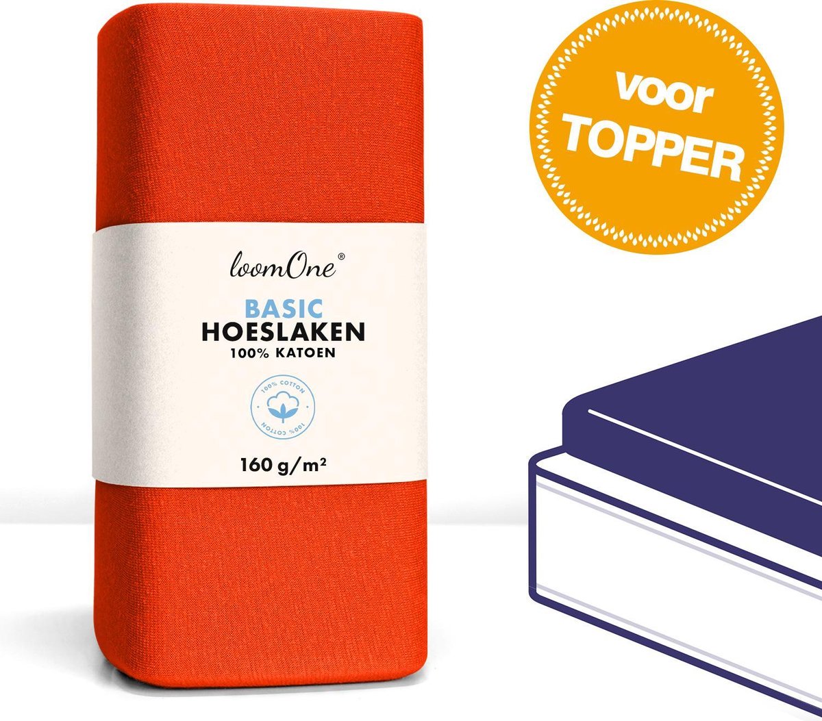 Loom One Hoeslaken Topper – 100% Jersey Katoen – 160x200 cm – tot 10cm matrasdikte– 160 g/m² – Oranje