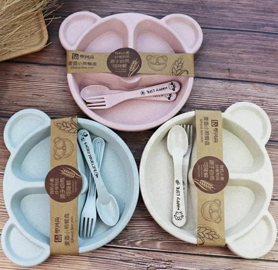 Babyloe - baby - beervorm - Roze - BPA vrij - bord 3-delig - baby servies van Babyloe — afbeelding 3