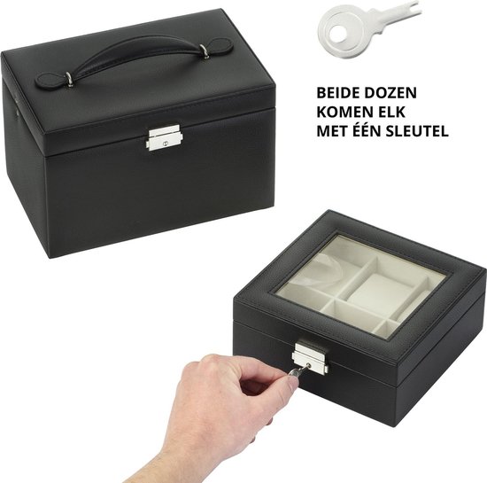 Treasury Juwelendoos 3-dlg - Sieraden doos met spiegel - Horlogebox - Zwart - Treasury