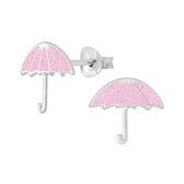 Joy|S - Zilveren paraplu oorbellen - 12 x 11 mm - roze glitter
