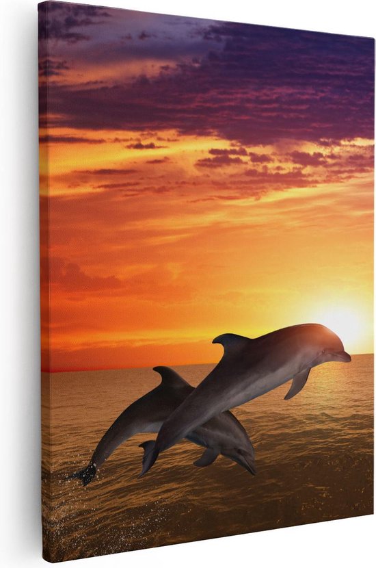 Artaza - Canvas Schilderij - Twee Dolfijnen bij de Zonsondergang - 80x100 - Groot - Foto Op Canvas - Canvas Print