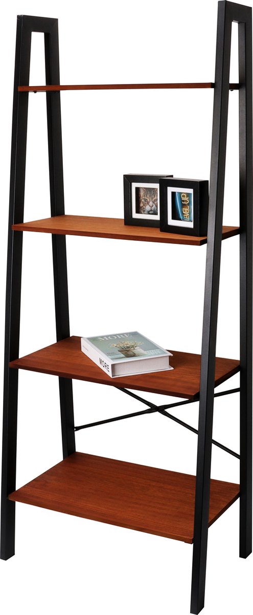 Bobbel Home Boekenkast - Industrieel - Ladderkast - Metaal/Hout - Zwart/Bruin - 137,5 cm Hoog x 56 cm Breed x 34 cm Diep - 4 Legplanken van Bobbel Home — afbeelding 5