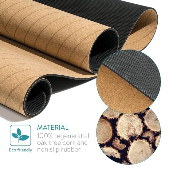 Navaris Yogamat Van Duurzaam Kurk - Anti-slip Sportmat Met Schouderriem Trainingsmat Voor Yoga En Pilates 183 X 61 X 05 Cm Lijnen