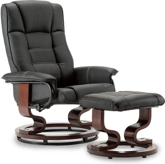 Chaise de relaxation de Luxe de Bobby - Fonction inclinable - Avec tabouret - Cuir artificiel - 360 degrés - Chaise Chill - Zwart - Chaise de Télévision - 75 x 77 x 103 cm