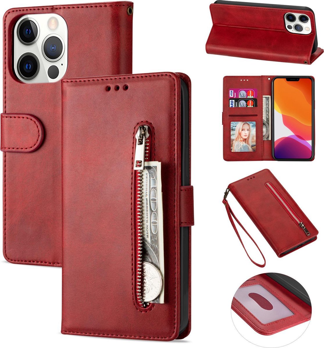 Luxe Telefoonhoesje geschikt voor Apple iPhone 13 Pro | Hoogwaardig Leren Bookcase | Lederen Wallet Case | Pasjeshouder | Rood