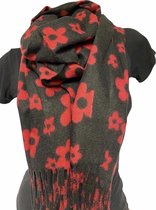 Lange warme Dames Sjaal - Bloemenprint - Zwart - Rood - 173 x 62 cm (19-10)