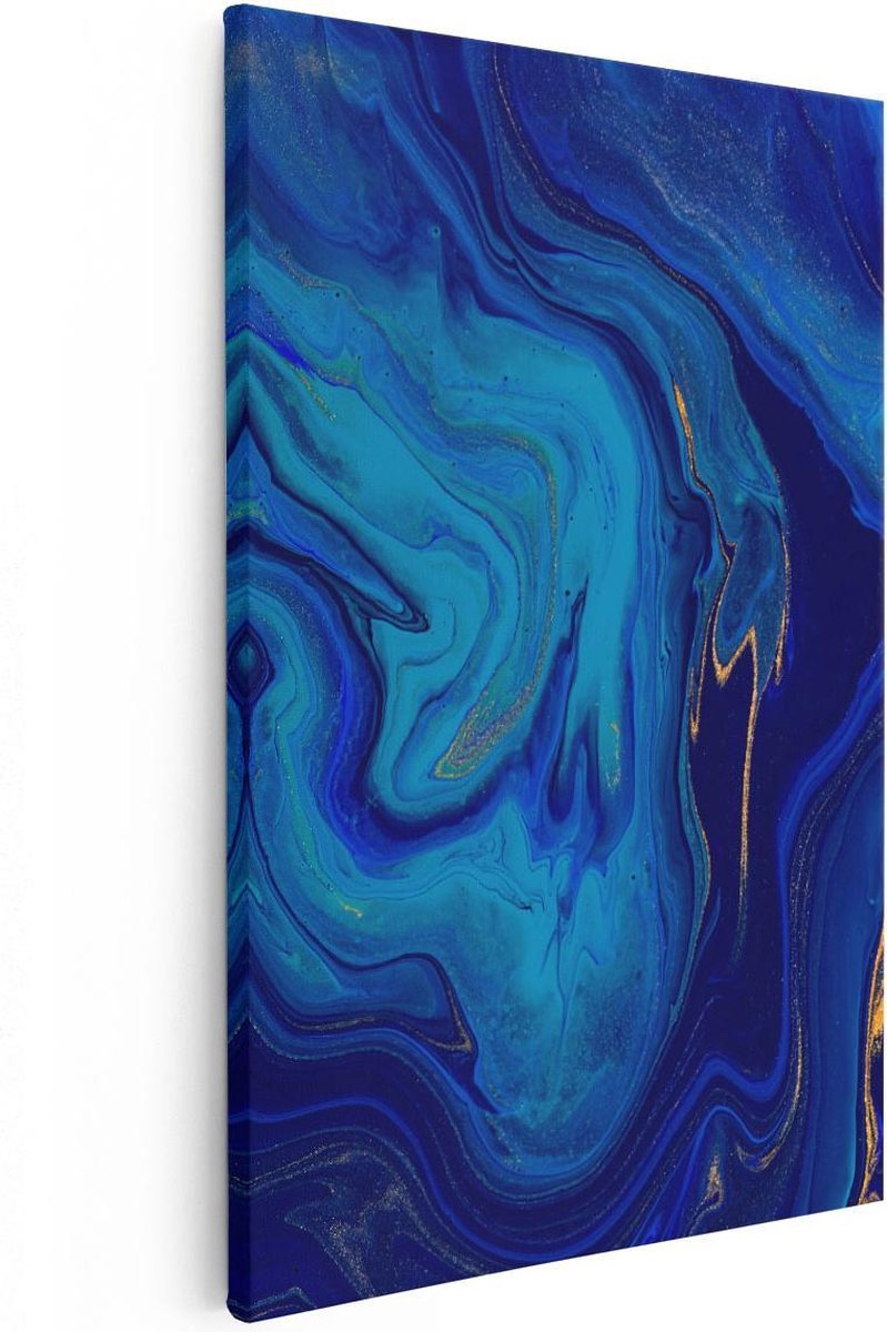 Artaza Canvas Schilderij Abstracte Kunst - Blauw met Gouden Verf - 60x90 - Foto Op Canvas - Canvas Print