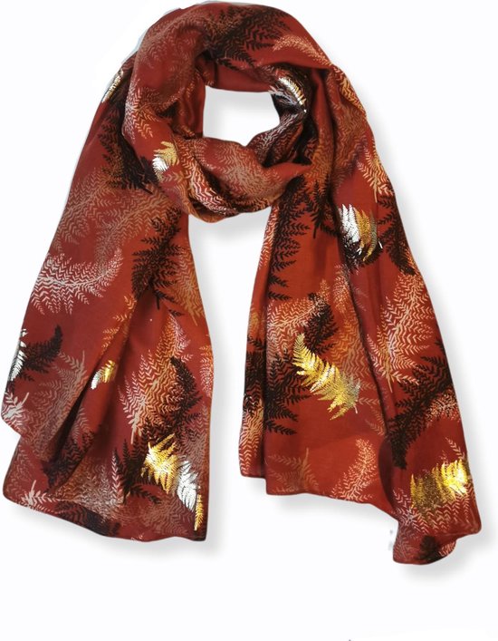 Sjaal met metallic print blaadjes - 100% Viscose - Rood