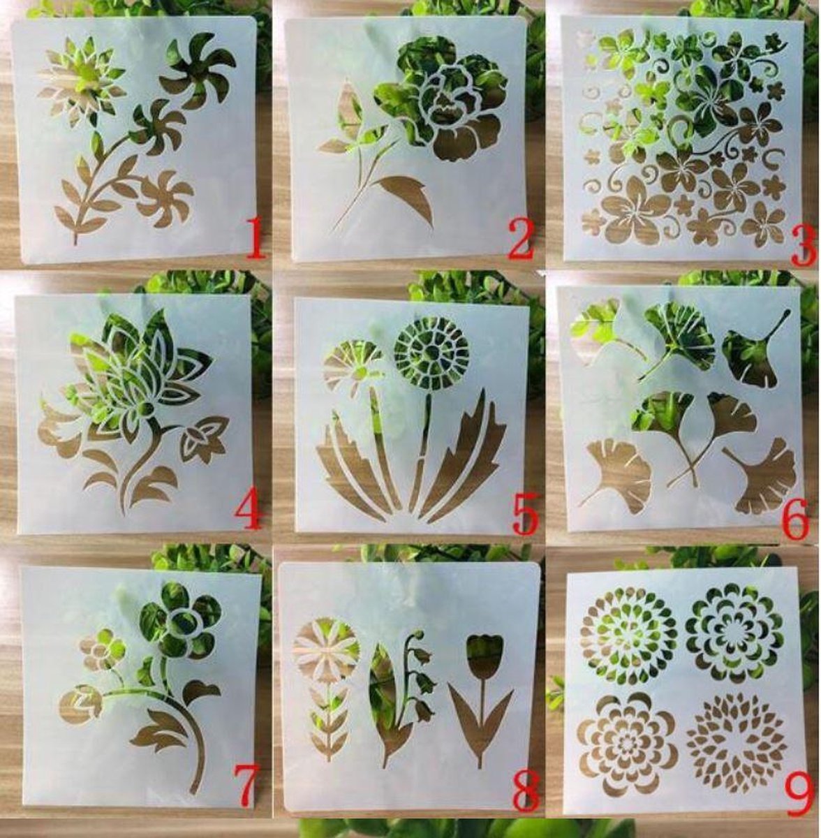 Bullet Journal Plastic Stencils - 9 stuks - Templates - Bloemen - Flowers - Mix - Sjablonen - 13 x 13 cm - Handlettering toolkit - Knutselen - Decoratie - Accessoires