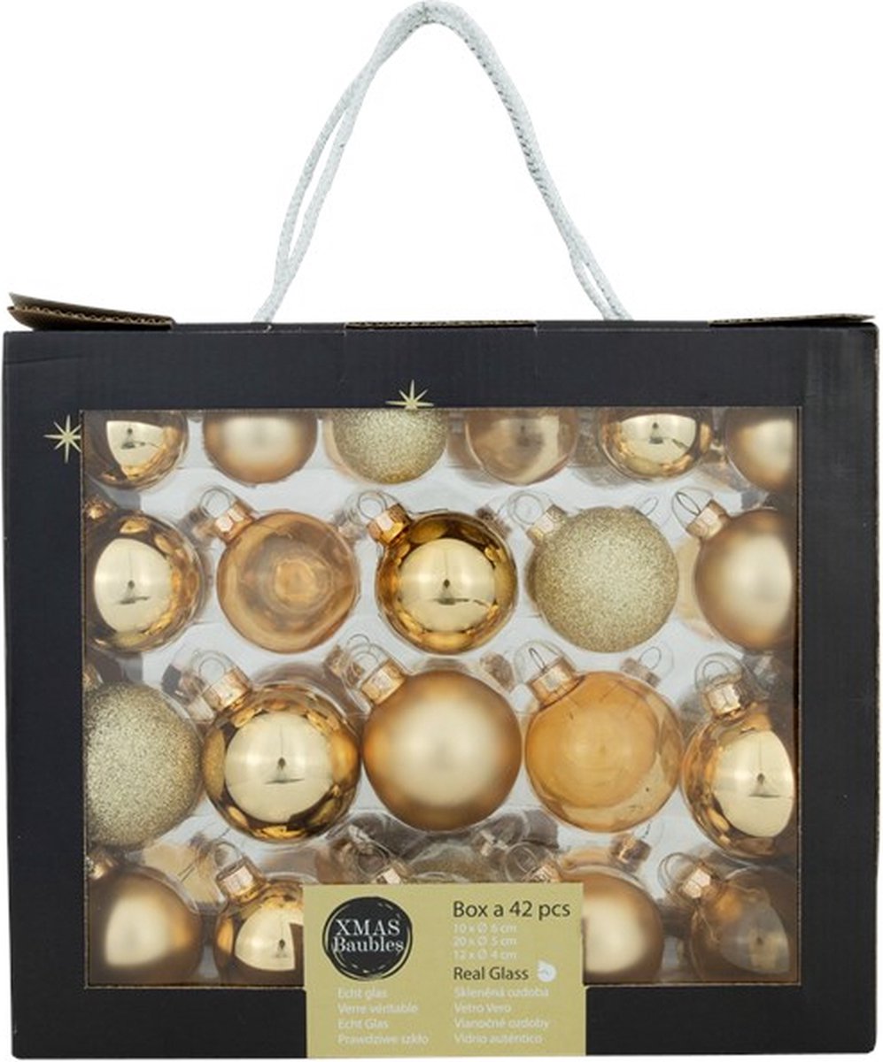 42 x Oneiro's Luxury Gouden kerstballen – ø6 cm x 10 stuks - ø5 cm x 20 stuks - ø4 cm x 12 stuks- kerstbal - luxe verpakking – kerstcollectie – kerstdecoratie – kerstboomhanger – kerstversiering