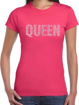 Glitter Queen t-shirt roze met steentjes/ rhinestones voor dames - Glitter kleding/ foute party outfit S
