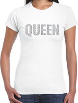 Glitter Queen t-shirt wit met steentjes/ rhinestones voor dames - Glitter kleding/ foute party outfit M