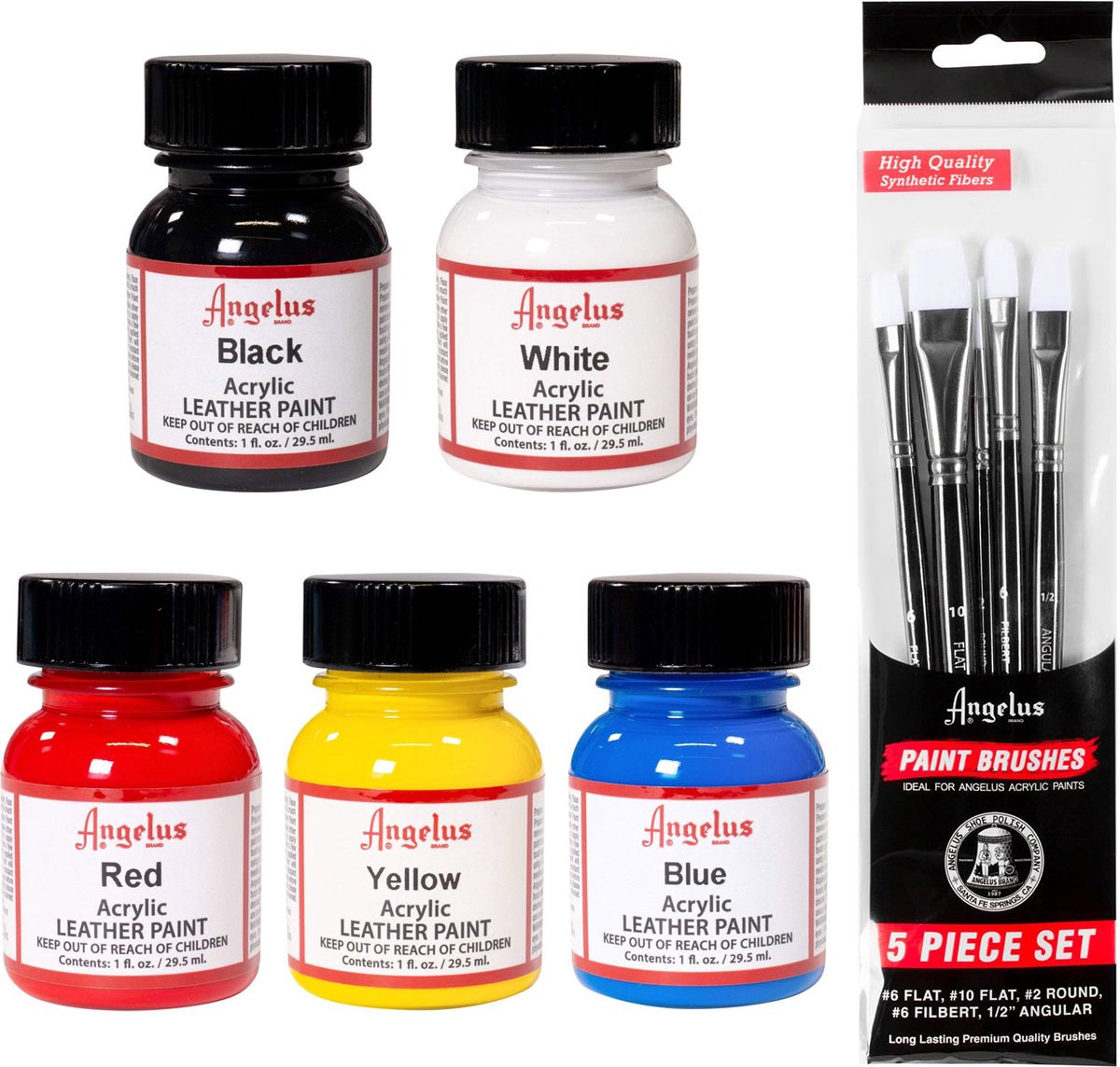 Angelus leerverf Basis kit Acrylverf voor textiel set van 5 kleuren en 5 kwasten rood geel blauw wit en zwart