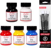 Angelus Leerverf Basis kit - Acrylverf voor textiel - set van 5 kleuren en 5 kwasten - rood, geel, blauw, wit en zwart