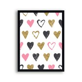 Poster Gouden en Roze Hartjes - Kinderkamer - Meisjeskamer - Valentijn Cadeau - 40x30cm - Postercity
