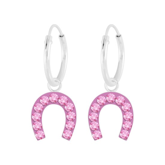 Joy|S - Zilveren hoefijzer bedel oorbellen - kristal roze oorringen