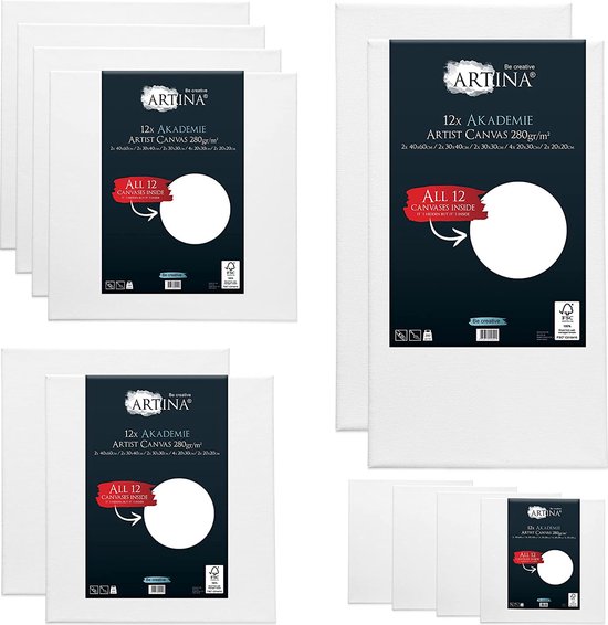Set van 12 Artina schilderdoeken in 5 maten: 40x60, 30x40, 30x30, 20x30 en 20x20 cm. Canvas van 280 gr/m2, 100% katoen. FSC® gecertificeerd.