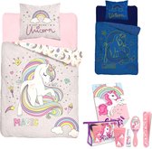 Unicorn dekbedovertrek- 1 persoons 140x200- katoen- Glow in the Dark ! incl. toilettas Unicorn gevuld.