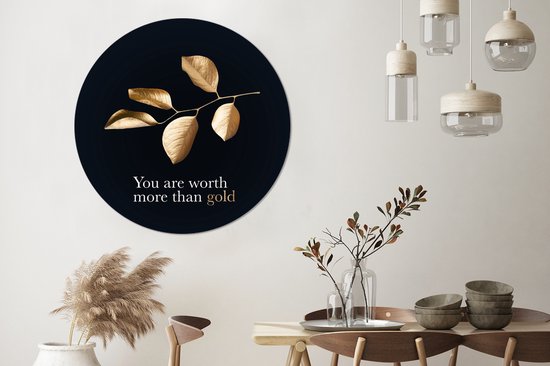 Branche d'or avec des feuilles avec la citation - Vous valez plus que l'or - ⌀ 120 cm - peinture ronde - cercle de papier peint - cercle mural - cercle vivant - autocollant et découpe ronde