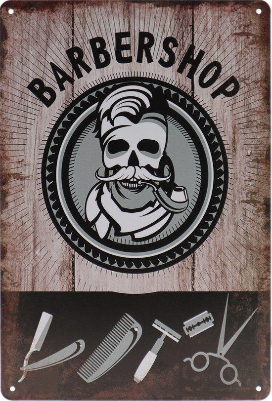 Wandbord – Barbershop – Kapper - Doodshoofd - Retro -  Wanddecoratie – Reclame bord – Restaurant – Kroeg - Bar – Cafe - Horeca – Metal Sign – 20x30cm