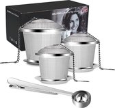 TeaLux 3-Delig RVS Theefilters Set met Maatlepel en Lekbakjes - Theezeef voor Losse Thee en Kruiden - Tea Infuser\Strainer Giftset - Verse Thee filter\Zeef Cadeau Pakket - Kruidenbuiltje ei m