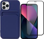 iPhone 12 Pro Max Hoesje Pasjeshouder Blauw - Siliconen Case Back Cover + Full Screen Protector Glas Screenprotector