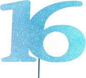 Taartdecoratie versiering| Taarttopper| Cake topper | Taartversiering| Verjaardag| Cijfers | 16 | Blauw | glitter| 14 cm| karton