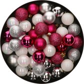 42x Stuks kunststof kerstballen mix bessen roze/zilver/wit 3 cm - Kleine kerstballetjes - Kerstboomversiering
