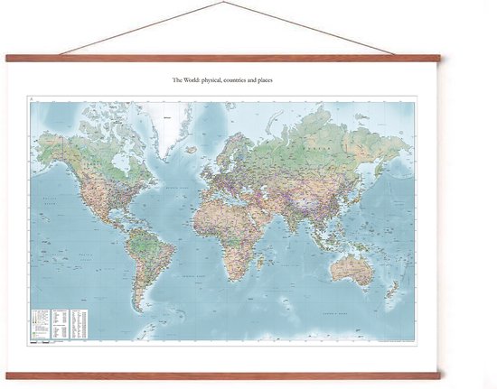 Affiche en porte-affiche - Carte du Wereldkaart - 50x70 cm - Cadre en bois - Système d'accrochage - Monde - Éducatif - Affiche scolaire - Landen