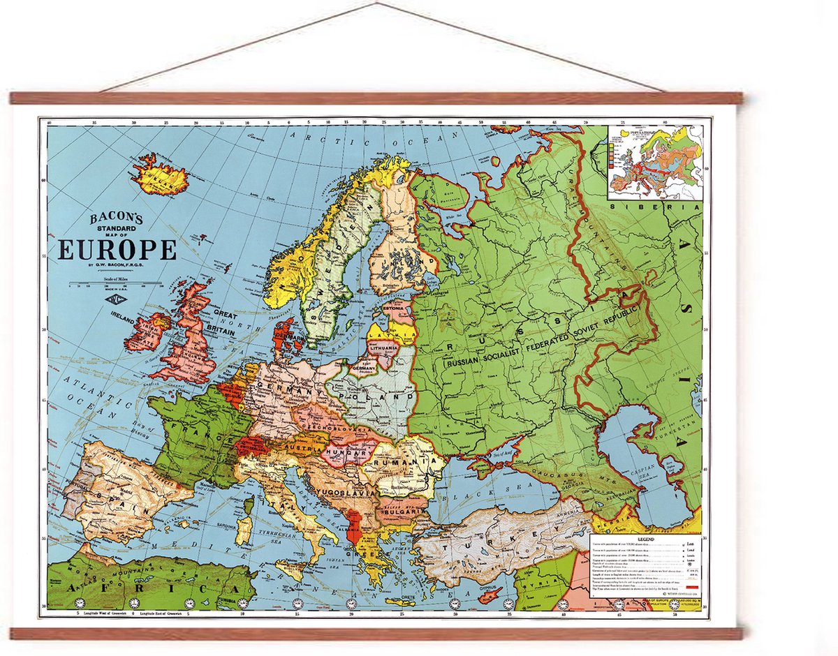 Poster In Posterhanger - Kaart Europa - Cadre Bois - 70x50 cm - Affiche  scolaire 