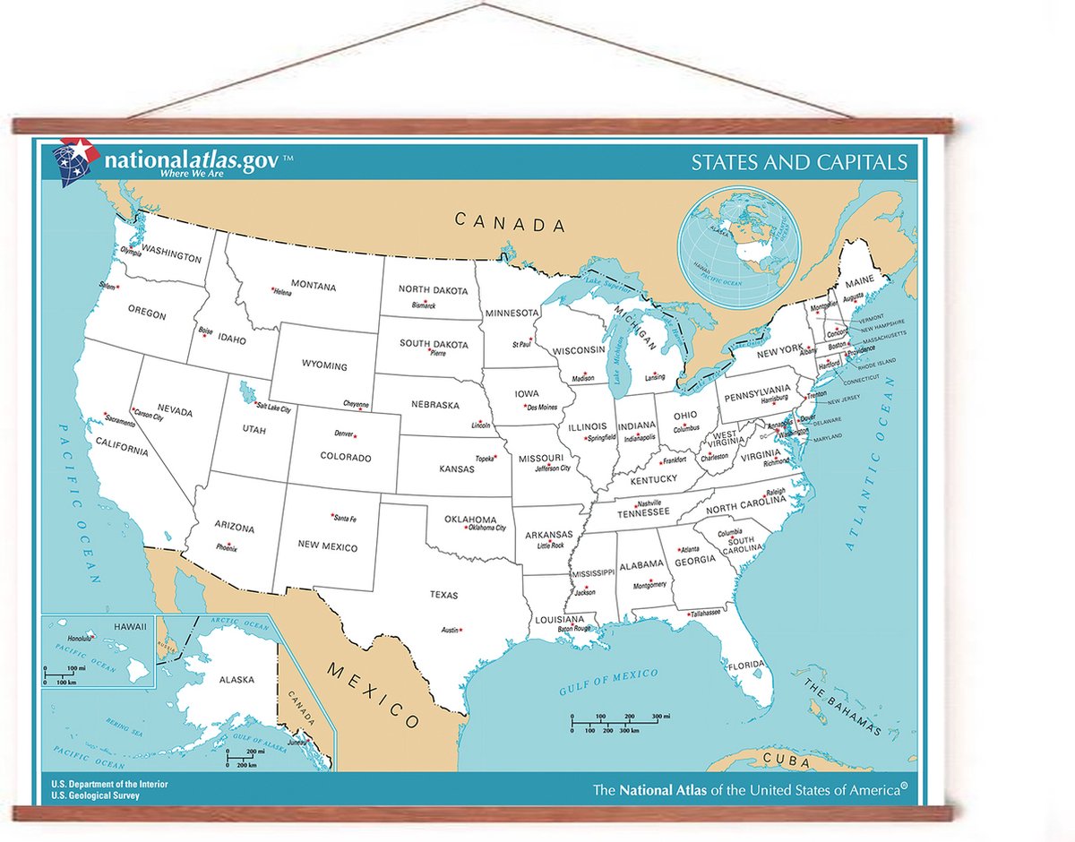 Esque Poster In Posterhanger - Poster Kaart Amerika / VS / USA - 50x70 cm - Kader Hout - Ophangsysteem - Educatief - Schoolplaat