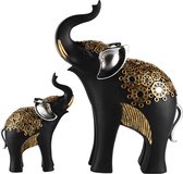 Set van 2 olifanten "Anna"  - Zwart / goud / zilver - 18 x 8 x 31 cm hoog (grootste olifant)