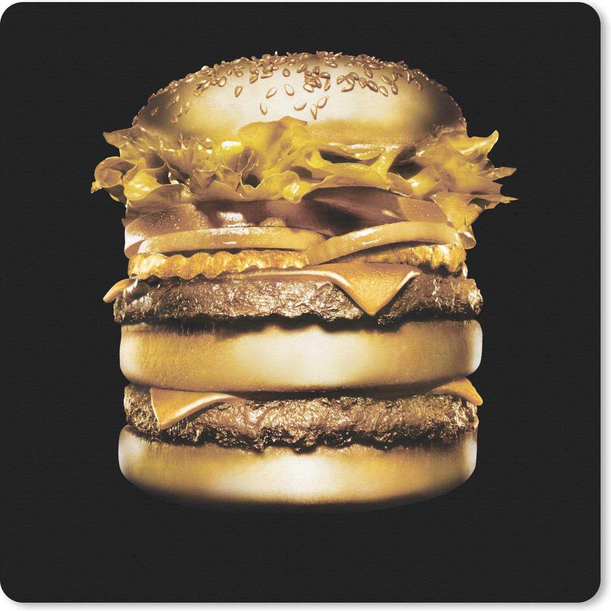 Muismat 30x30 cm - Mousepad Gouden hamburger op een zwarte achtergrond. - Muismatten