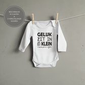 Baby rompertje - Geluk zit in een klein rompertje - Romper lange mouw wit - Maat 62/68 - Zwangerschapsaankondiging