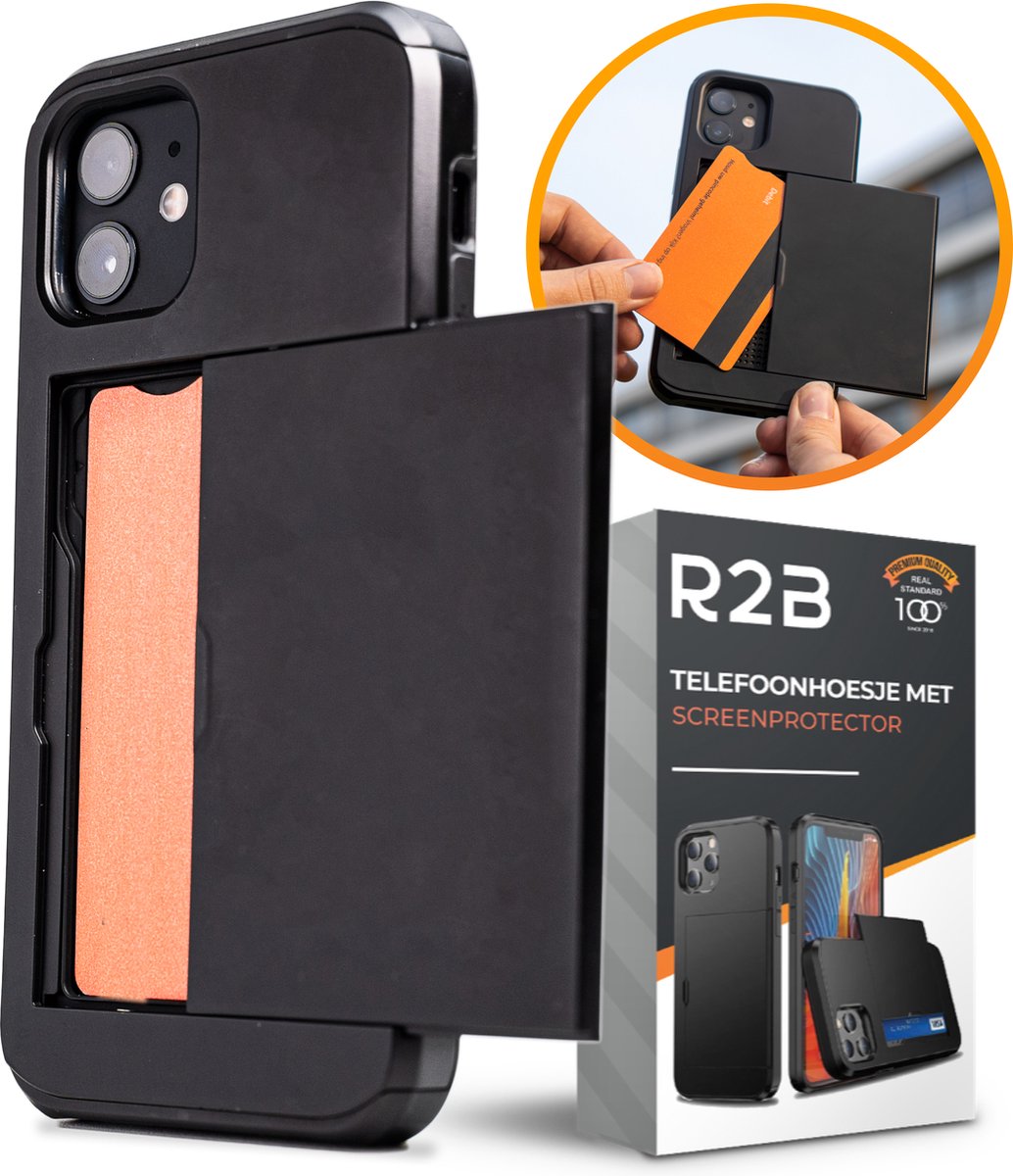 R2B® Hoesje met pasjeshouder geschikt voor iPhone 12 Mini - Model Utecht - Inclusief screenprotector - Gsm case - Zwart