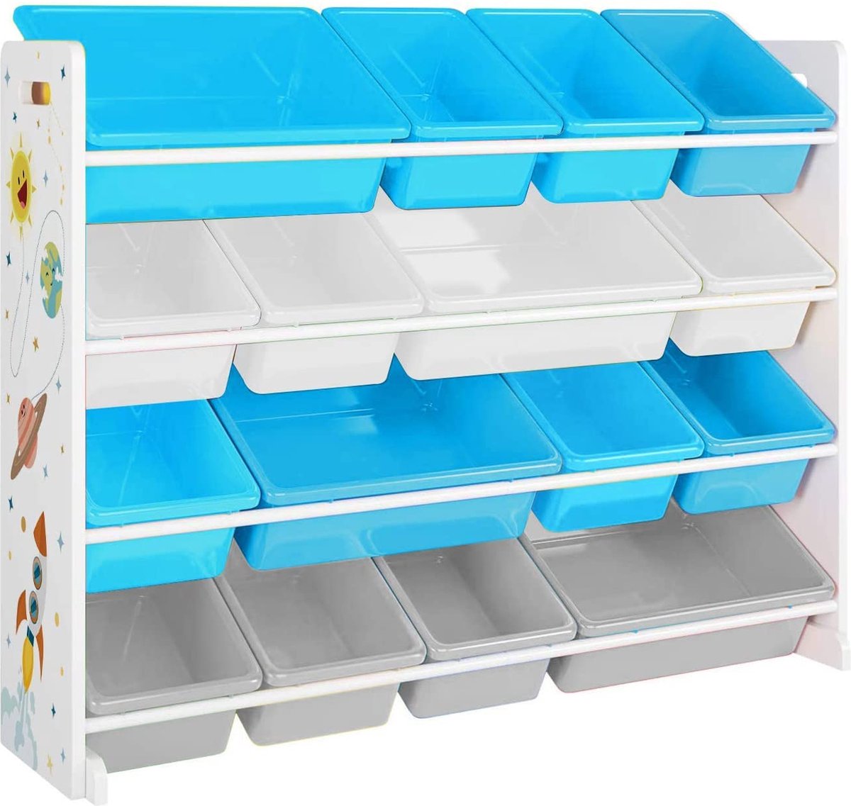 SONGMICS Speelgoedrek, speelgoed-organizer, kinderkamerrek met 16 afneembare PP-kunststofboxen, 4 niveaus, voor kinderkamer, speelkamer, woonkamer, wit, blauw en grijs GKR070W03