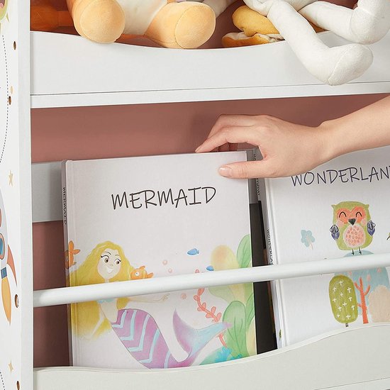SoBuy Kinderplank, Boekenplank voor Kinderen, Kinderboekenkast, Boekenplank voor Jongen, Meisje, Kinderkamer, Opbergplank met 4 Planken voor Boeken en Decoratie Wit, 58x18x81cm, KMB45-W