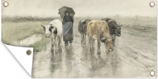 Tuinposter Een boerin met koeien op een landweg in de regen - Schilderij van Anton Mauve - 60x30 cm - Tuindoek - Buitenposter