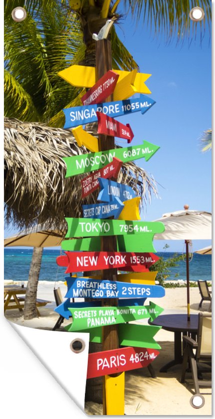 Tuinposter Gekleurde wegwijzer met wereldsteden op strand in Jamaica - 30x60 cm - Tuindoek - Buitenposter