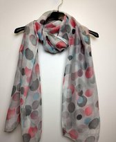 Lange dames sjaal Michelle gestipt motief grijs roze wit blauw