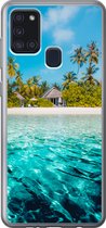 Geschikt voor Samsung Galaxy A21s hoesje - Strand - Palmbomen - Zee - Siliconen Telefoonhoesje
